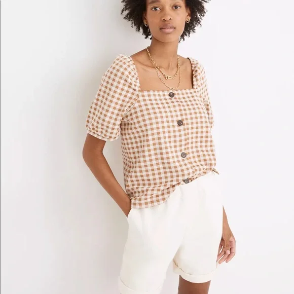 Madewell Gingham Jacquard Square-Neck Puff-Sleeve Top - Picture 2 of 6